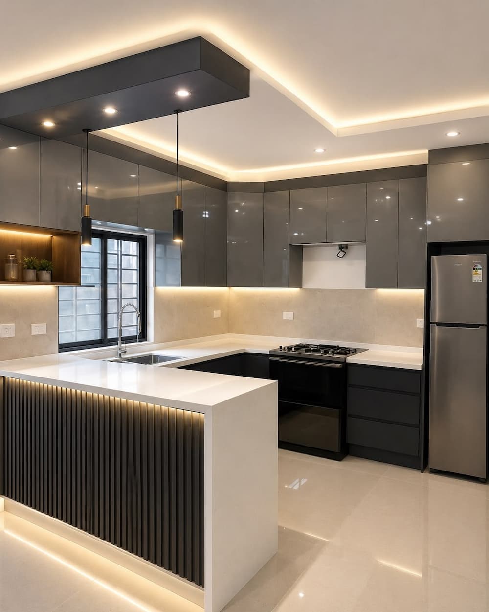 Bố trí ánh sáng nhà bếp hiện đại với hệ thống đèn LED âm trần